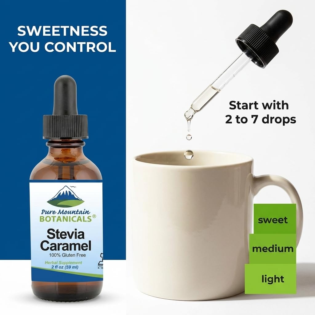 Pure Mountain Botanicals Caramel Stevia Liquid Drops close up of the product branding and ingredients list.