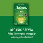 Close up view of the nutrition facts and USDA organic ingredient list on Wholesome stevia packaging.