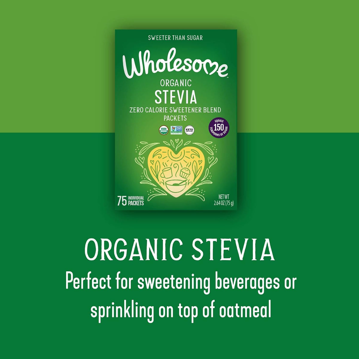 Close up view of the nutrition facts and USDA organic ingredient list on Wholesome stevia packaging.