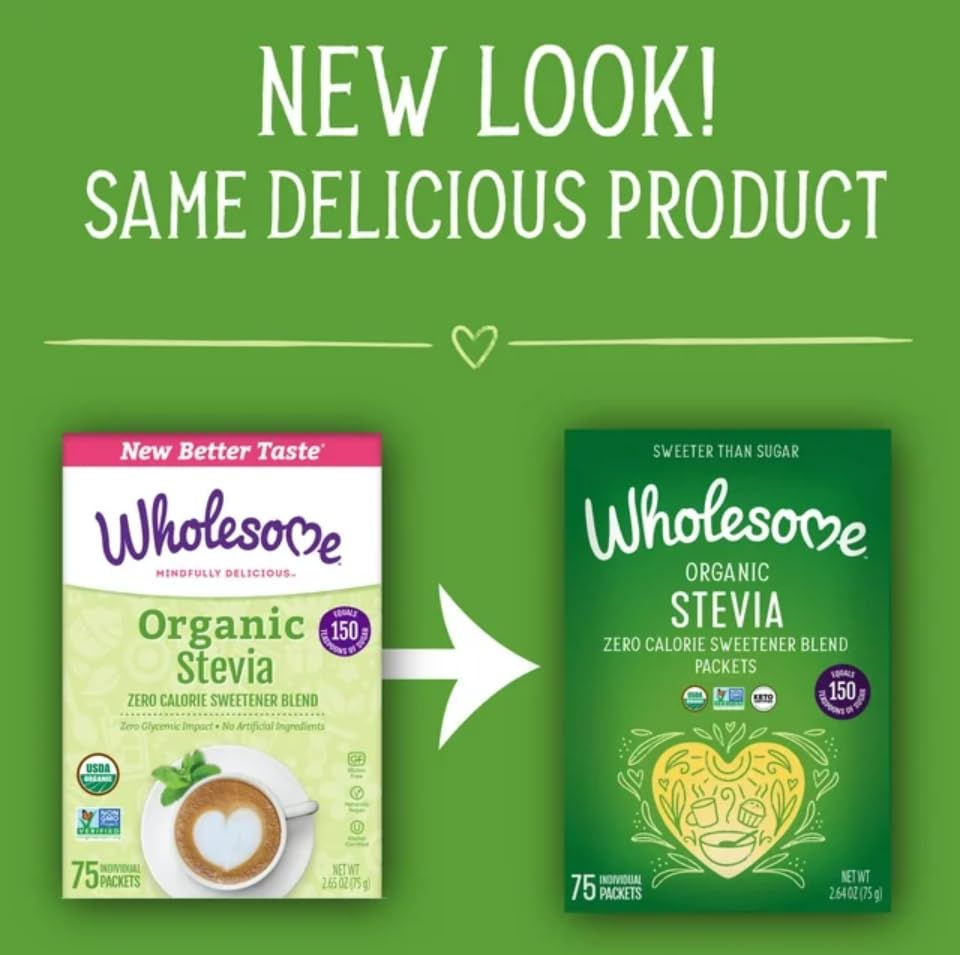 Side view of Wholesome organic stevia sweetener seventy five packet count box highlighting keto friendly certification.