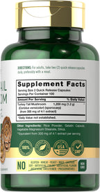 Side angle of Carlyle Turkey Tail Mushroom supplement bottle displaying the 1200mg dosage per serving