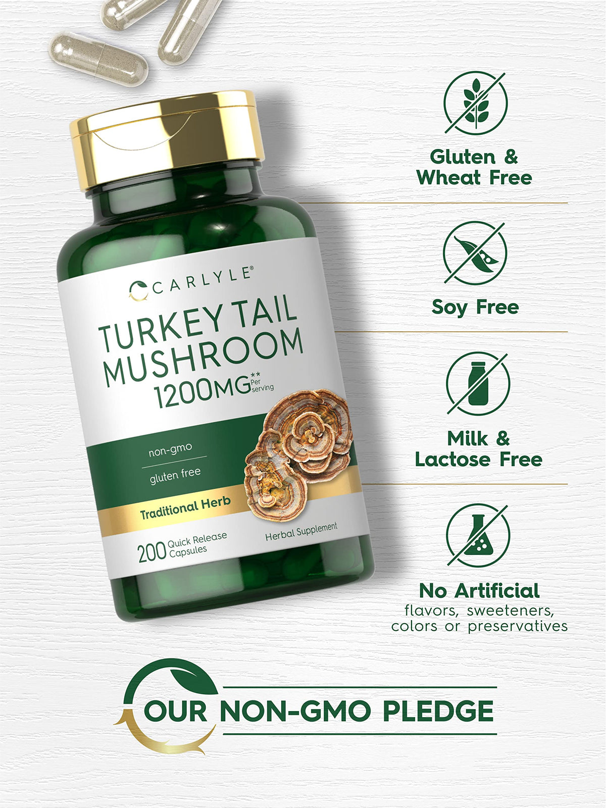 Close up of Carlyle non-GMO and gluten-free certified seals on the traditional Chinese wellness extract bottle