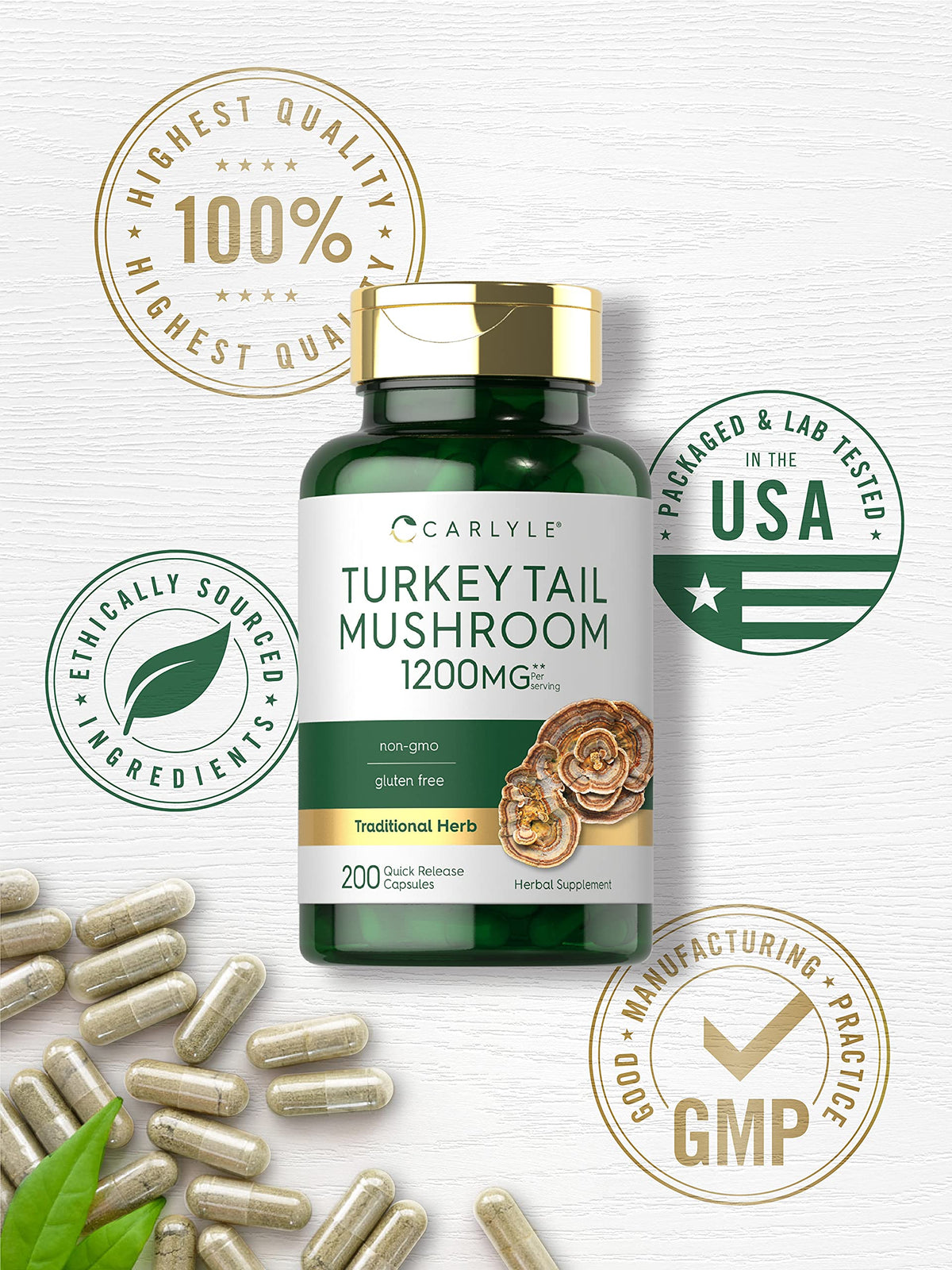 Top view of the packaging for Carlyle Turkey Tail Mushroom 200 quick-release capsules