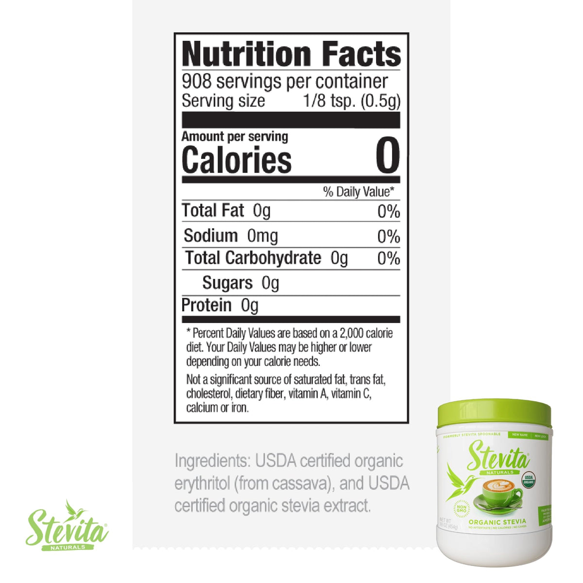 Stevita granulated spoonable stevia sixteen ounce packaging zero calorie dietary sweetener
