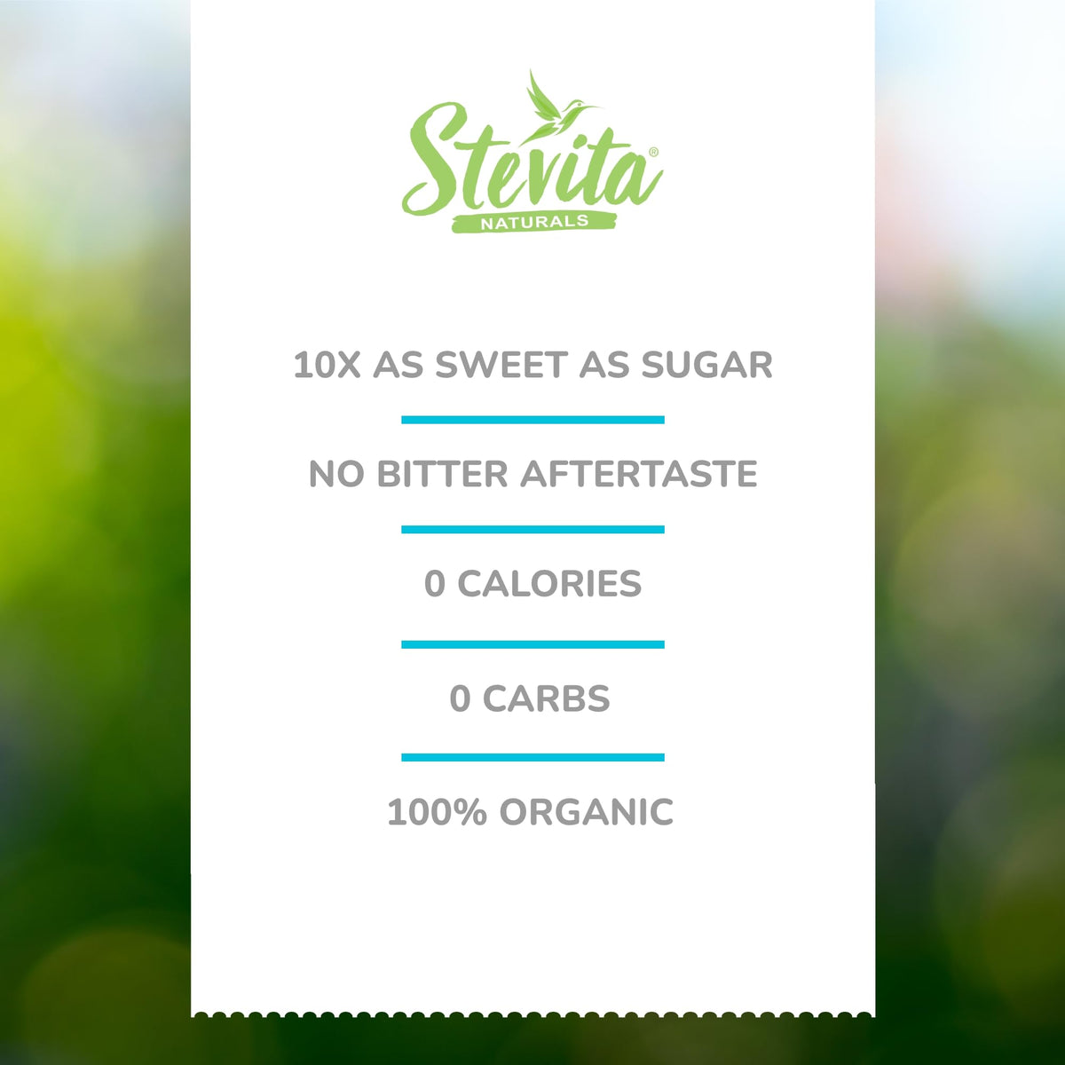 Back label of Stevita organic stevia showing nutrition facts and clean ingredients list