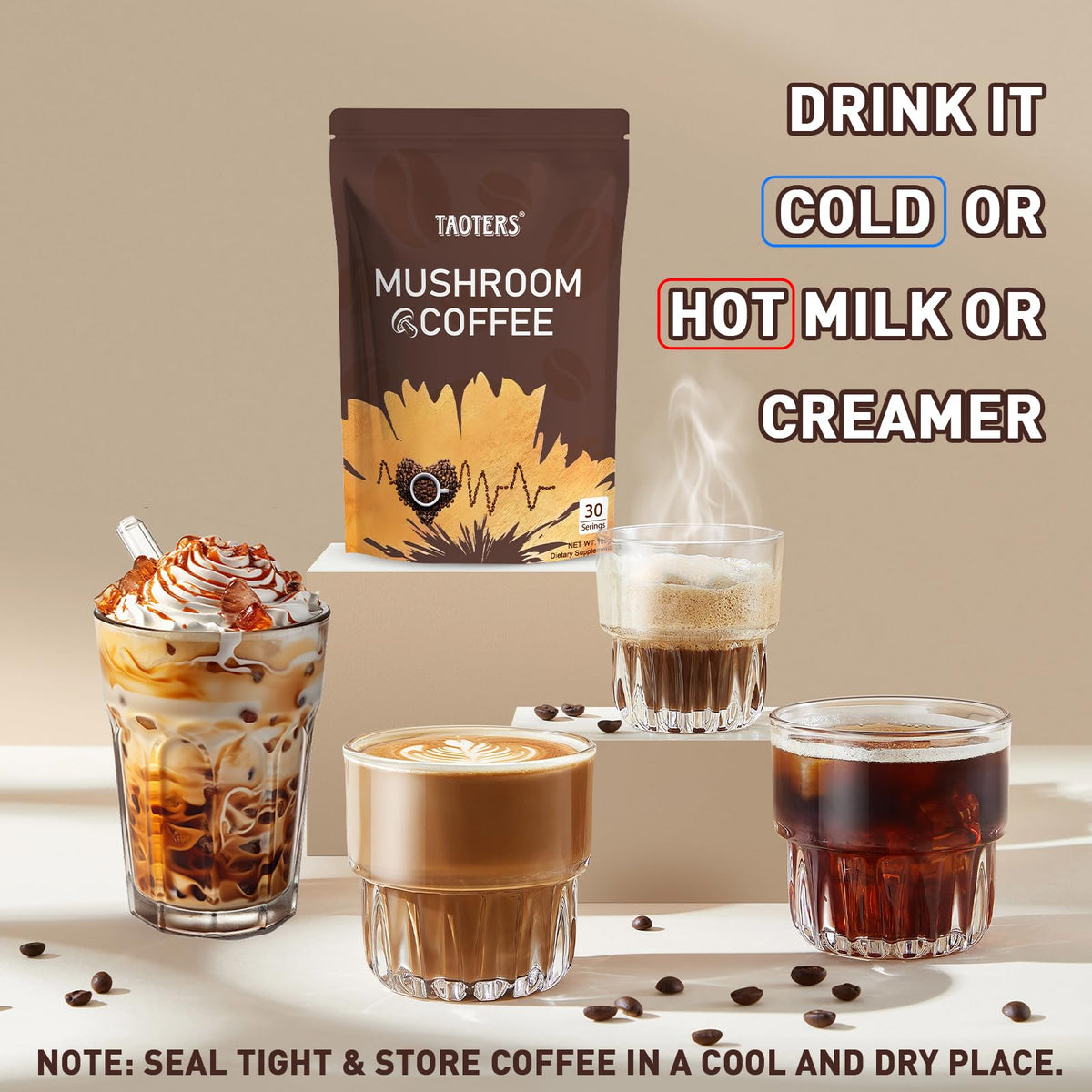 Side view of TAOTERS coffee packaging highlighting Lion's Mane and Cordyceps