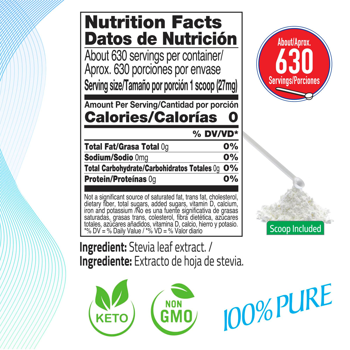 BSL BSweetBNatural zero calorie keto friendly stevia extract powder nutrition facts label closeup