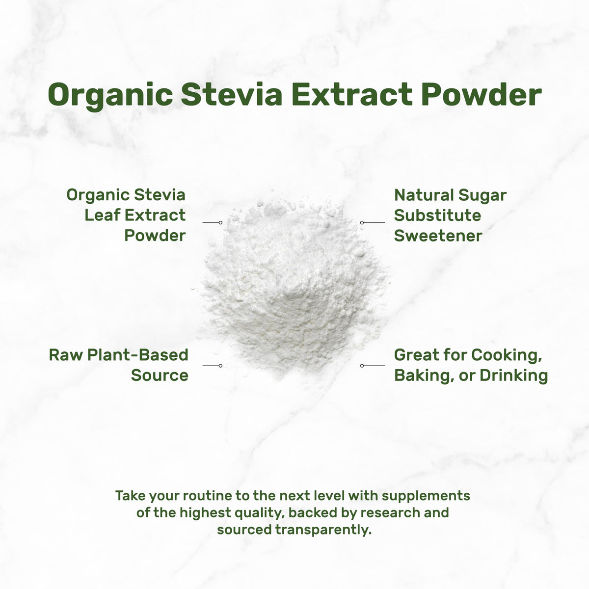 Close up shot of the pure white stevia leaf extract powder being measured with a small spoon for kitchen use.