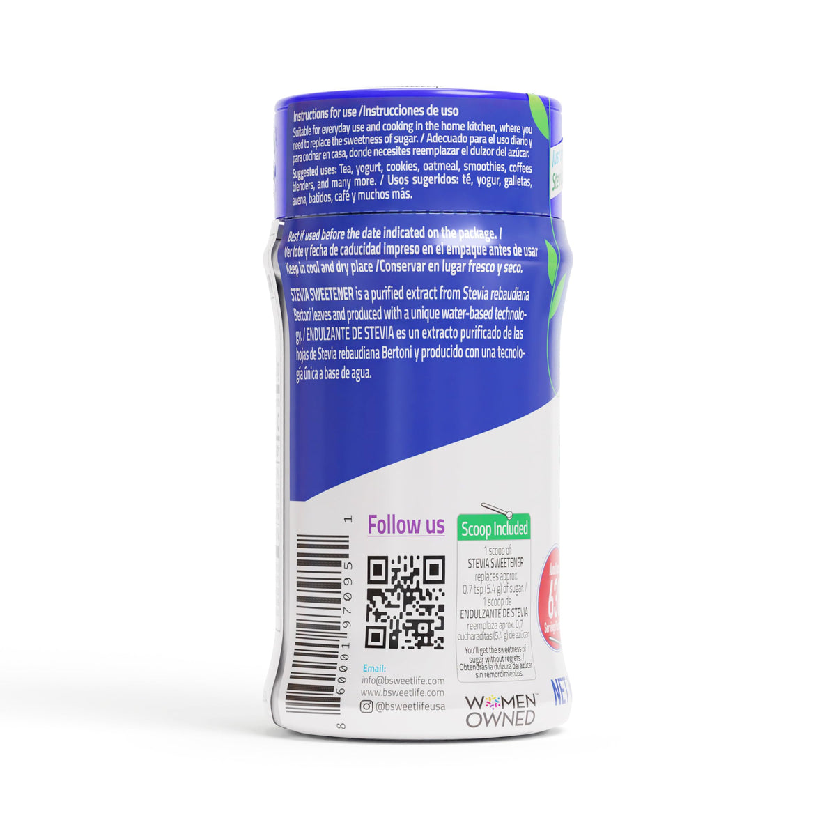 Premium clean ingredient stevia extract without erythritol or fillers side view representation