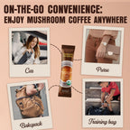 Premium Arabica instant mushroom coffee powder sachet being poured into a hot water mug