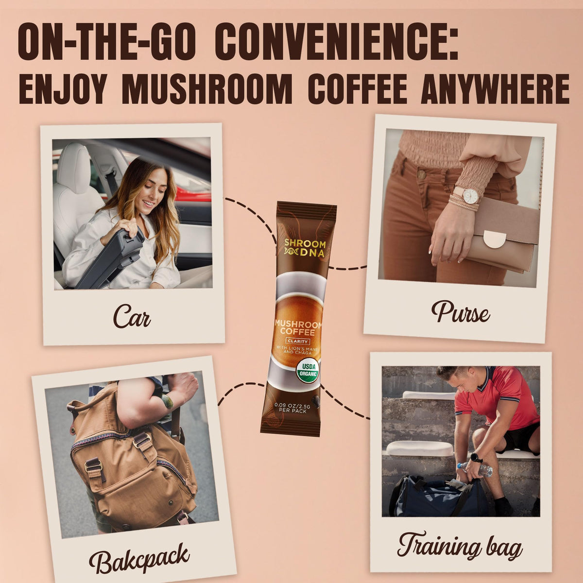Premium Arabica instant mushroom coffee powder sachet being poured into a hot water mug