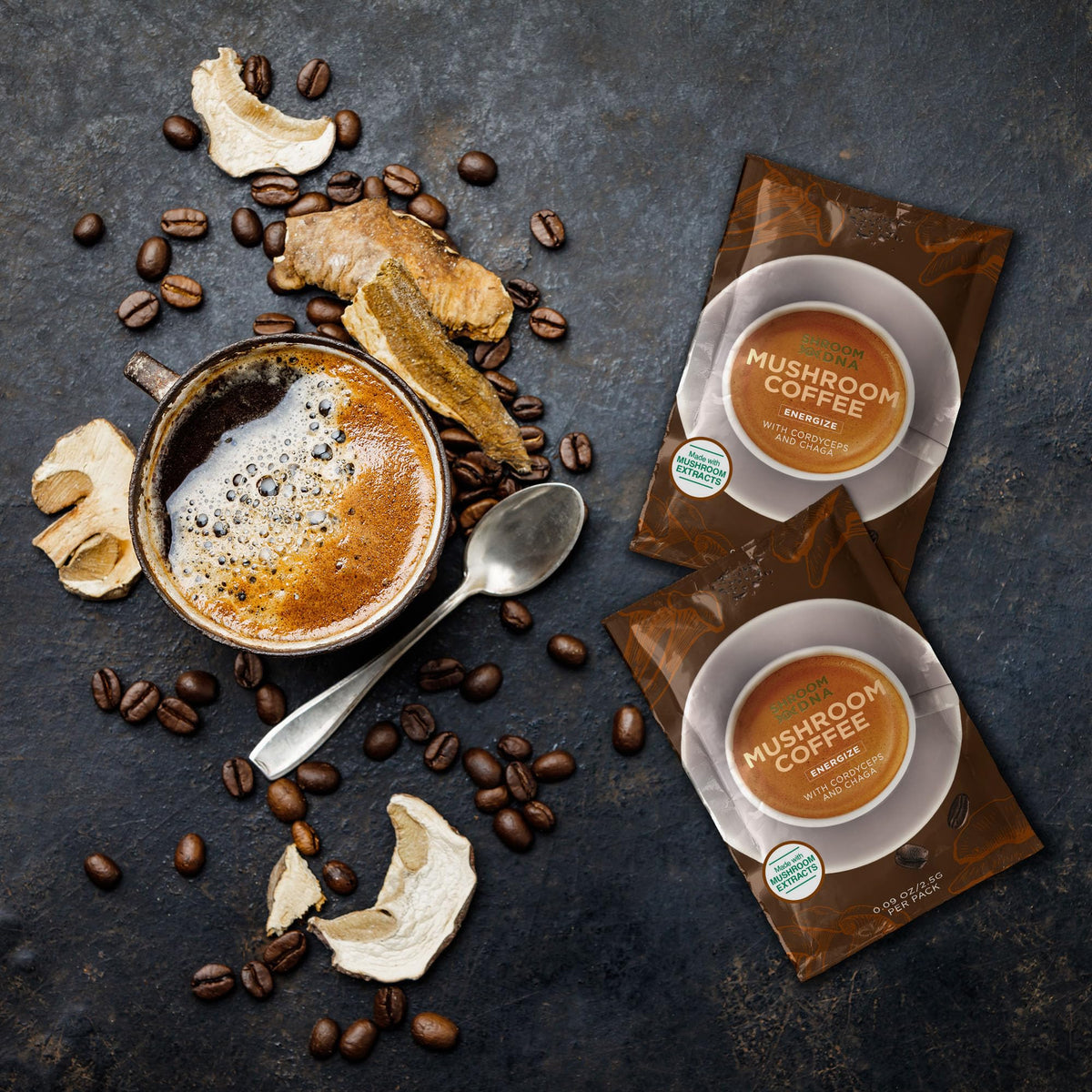 Authentic USA imported mushroom coffee packaging showcasing focus and clarity health benefits