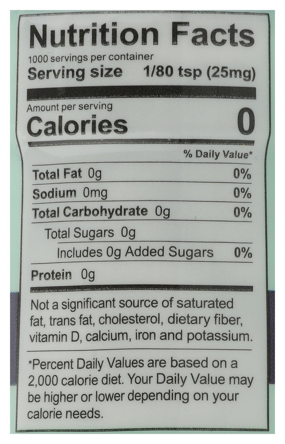 SweetLeaf Organic Stevia twenty-five gram shaker jar nutrition facts panel view