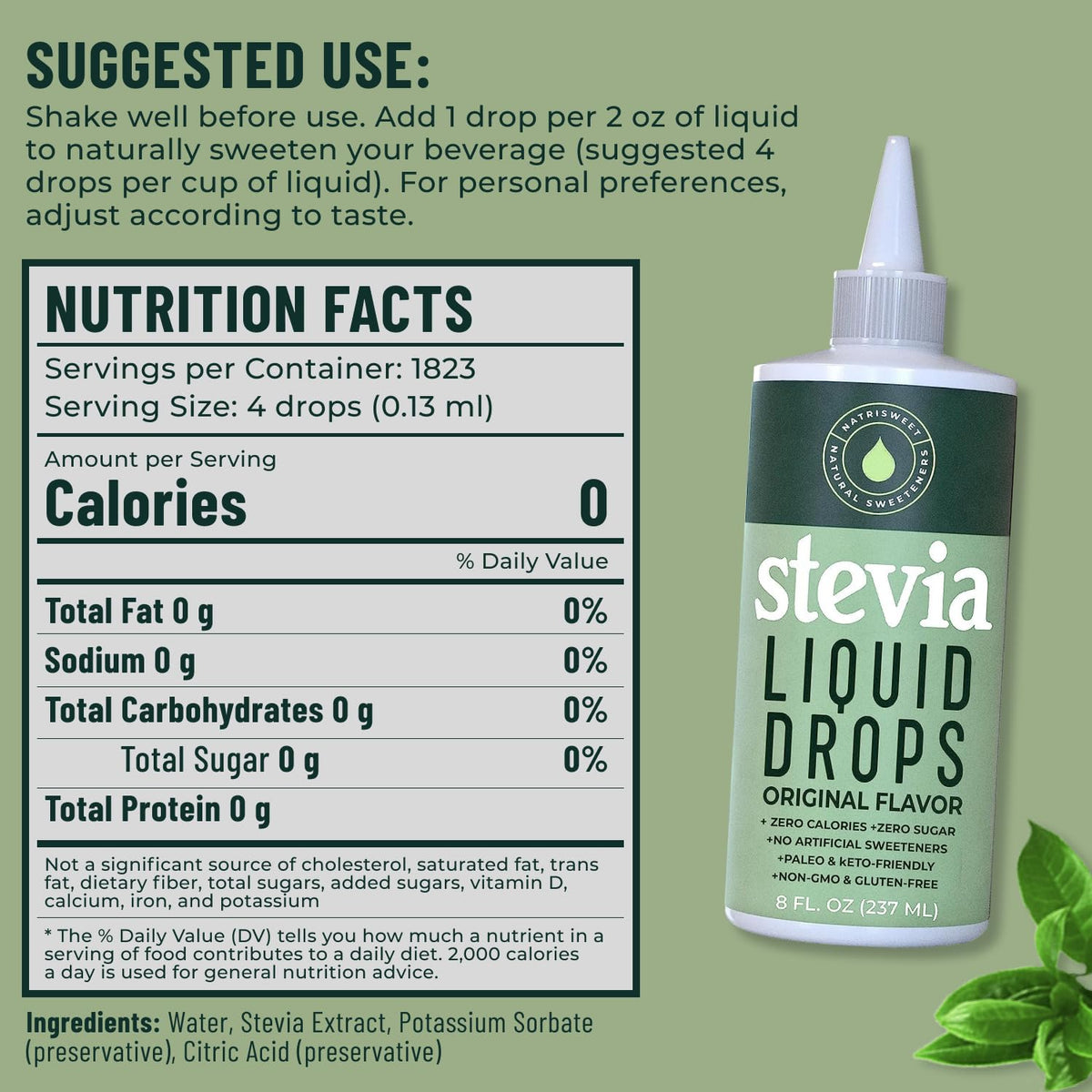 NatriSweet liquid sugar substitute bottle highlighting the non-GMO and keto friendly product certifications.
