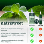 Back label of NatriSweet concentrated stevia drops showing ingredients list and serving size details.