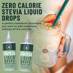 Authentic USA imported NatriSweet stevia leaf extract liquid sweetener placed next to a hot cup of coffee.