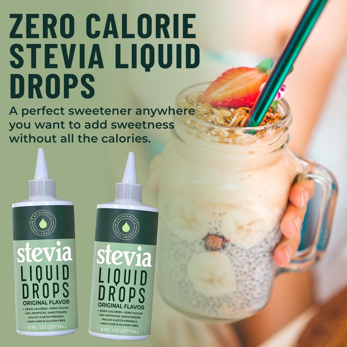 Authentic USA imported NatriSweet stevia leaf extract liquid sweetener placed next to a hot cup of coffee.