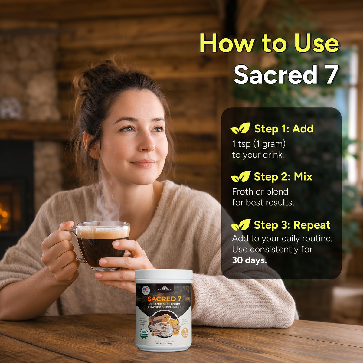 Naturealm Sacred 7 certified organic seal and pure fruiting bodies highlight