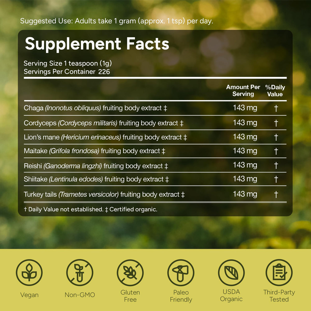 Naturealm Sacred 7 packaging back view displaying usage instructions and serving size