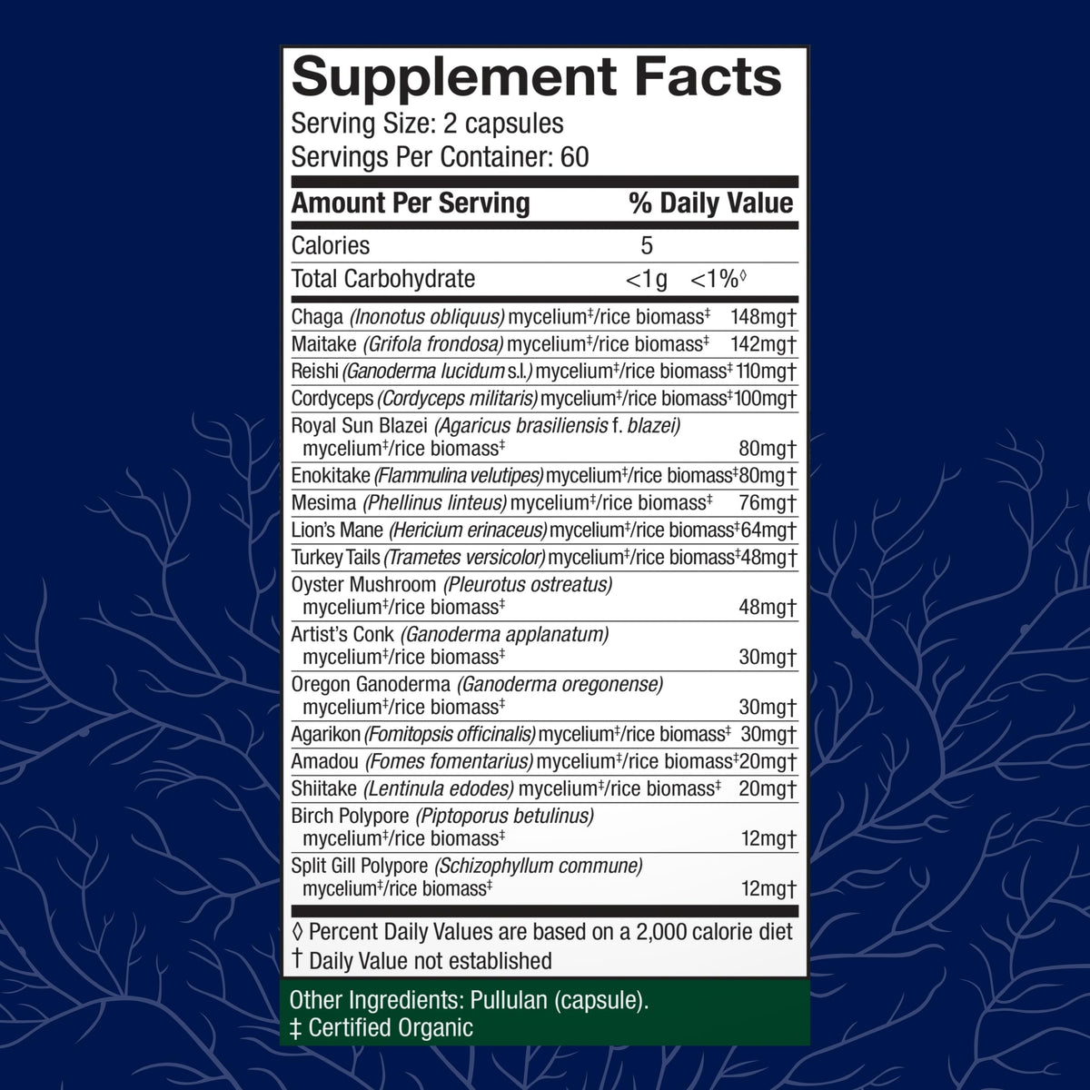 Host Defense mushroom supplement side label displaying seventeen species ingredients.
