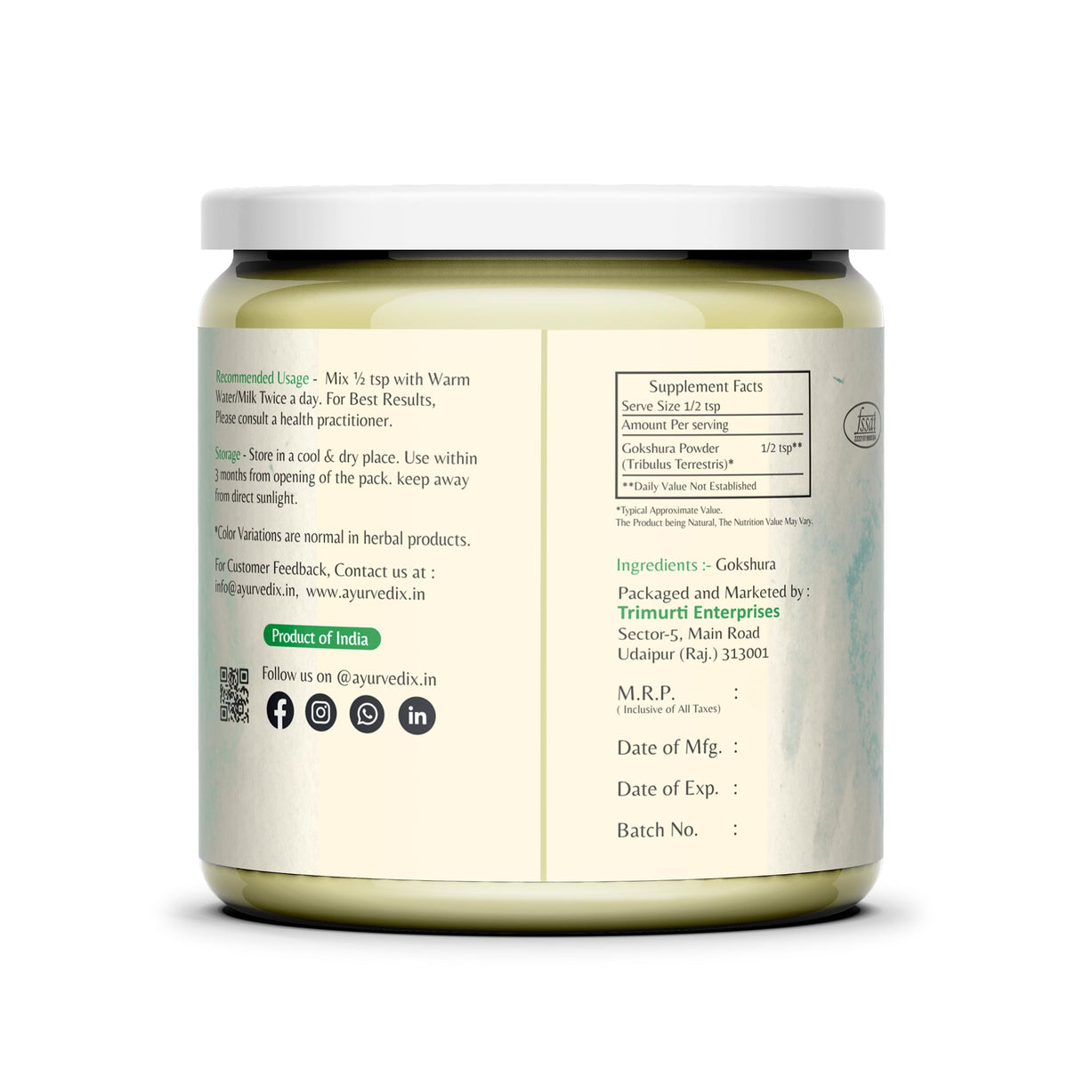 Ayurvedix Gokhru Tribulus Terrestris powder packaging label