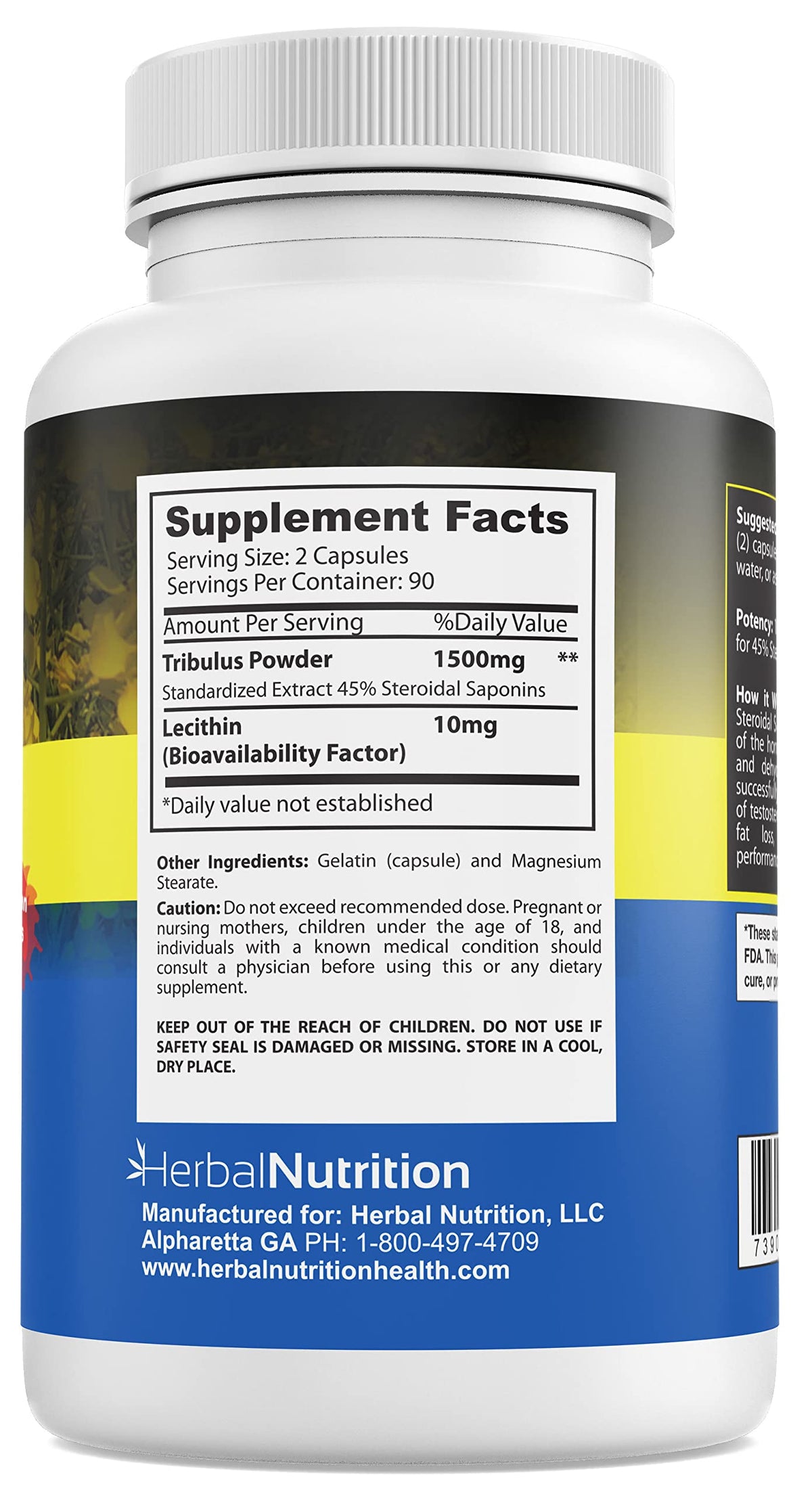 Close up of Herbal Nutrition Tribulus Terrestris 45% saponins label