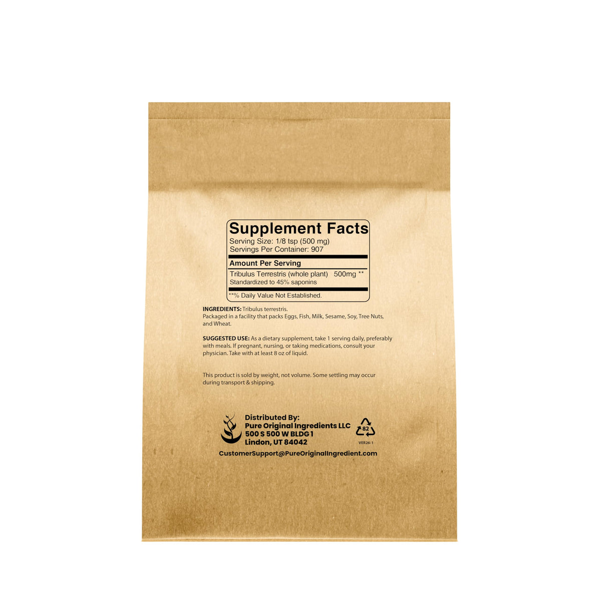 Pure Original Ingredients Tribulus Terrestris powder texture and supplement packaging