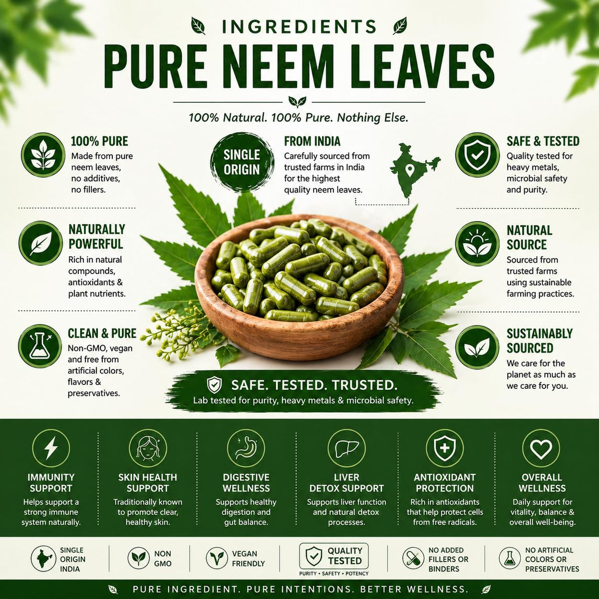 Organic Aura Neem Capsules pure raw whole leaf bottle