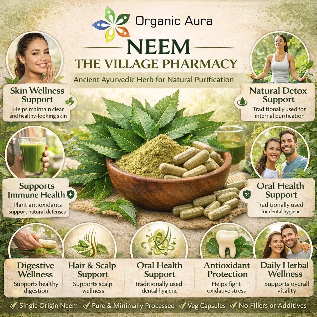 Organic Aura Neem Capsules vegetarian capsules close up