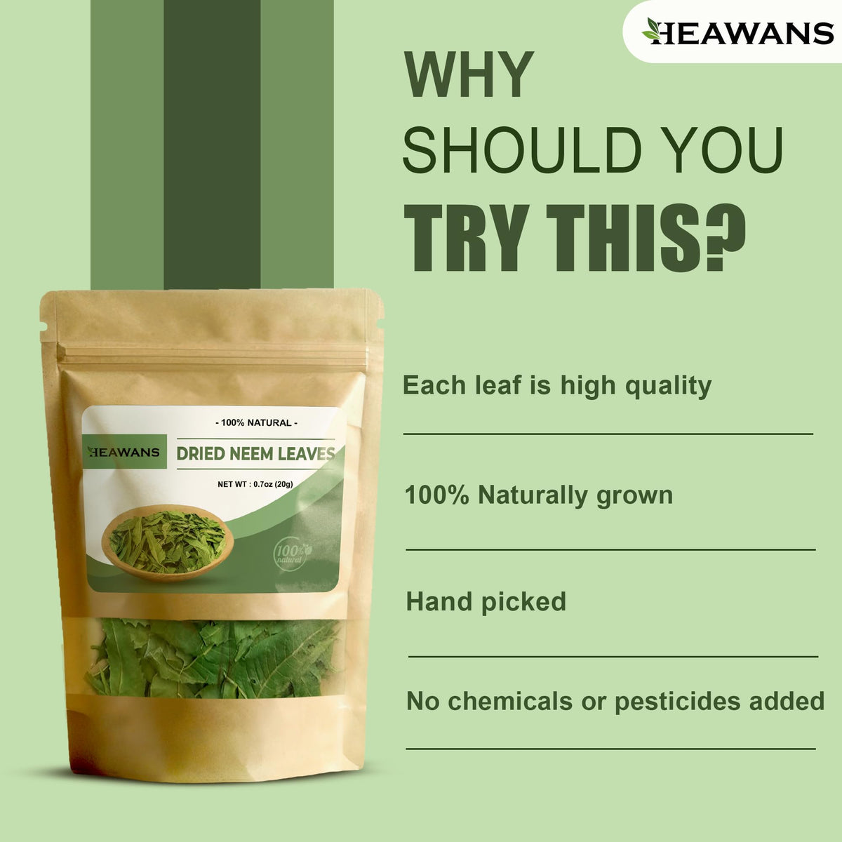 Heawans Naturally Grown Dried Whole Neem Leaves label details