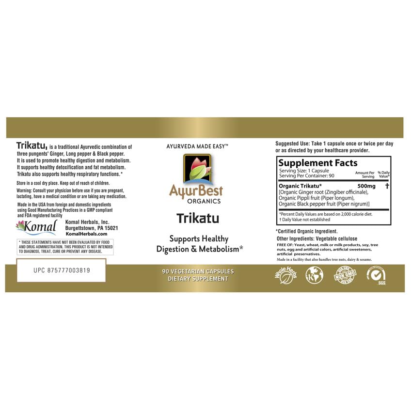Back label of AyurBest Trikatu showing organic ingredients and 500 milligram dosage