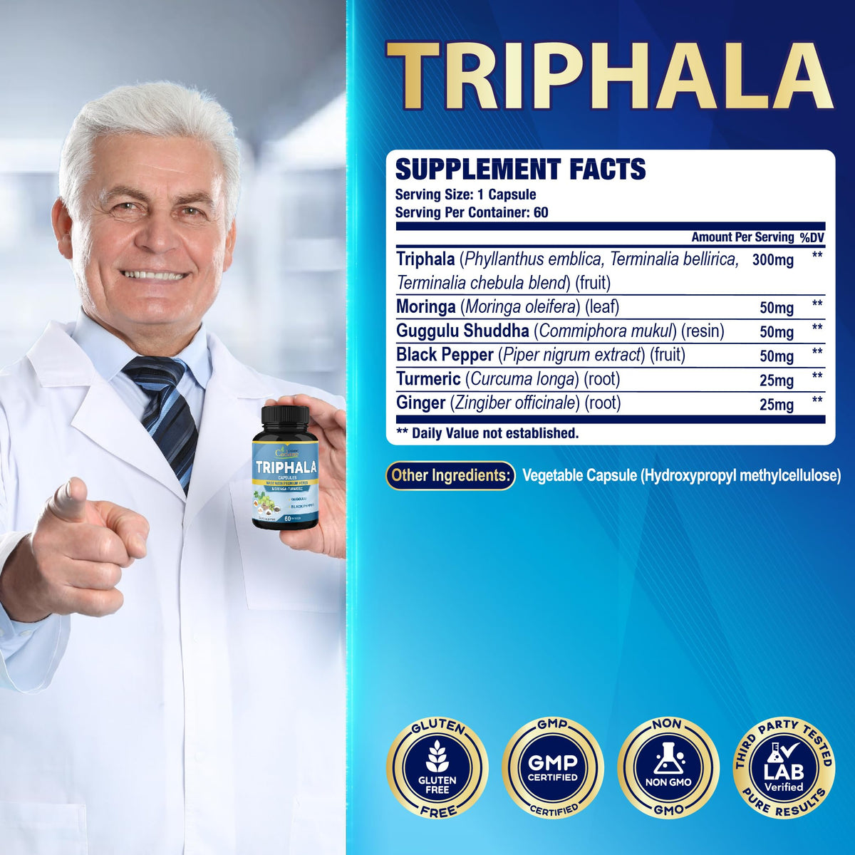 Side view of Jiva Botanicals Triphala Extract bottle outlining daily dosage directions.