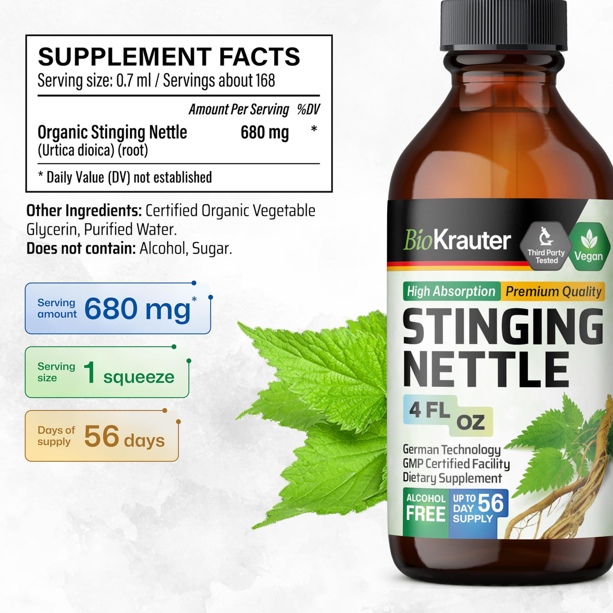 Side angle of Bio Krauter Urtica Dioica extract highlighting the vegan product certification