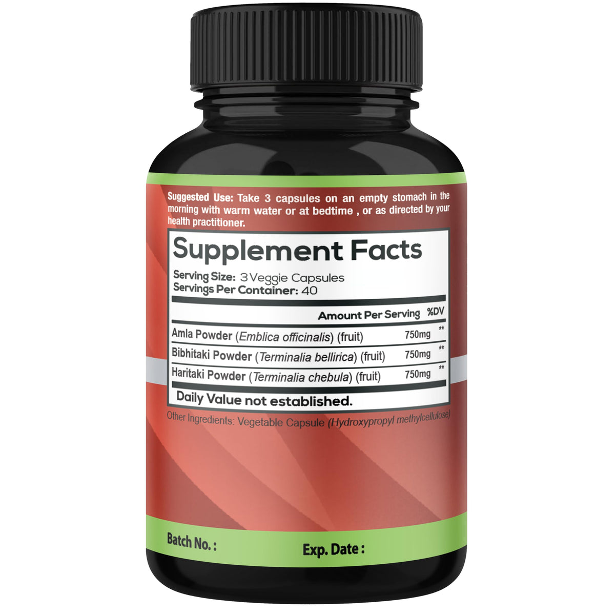 Organic Cadane Triphala supplement supplement facts panel highlighting Amla, Bibhitaki, and Haritaki ingredients.