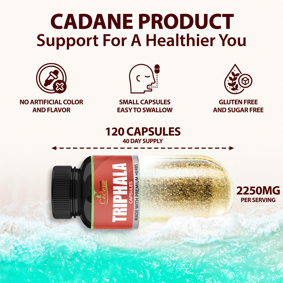 Organic Cadane Triphala supplement side panel detailing the non-GMO and gluten-free product attributes.