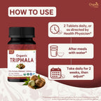 Organic Spree Triphala 1200mg herbal supplement vegetarian tablets label details highlighting USDA certified organic ingredients.