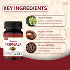 Organic Spree Triphala supplement bottle showcasing the three fruits Amla Haritaki and Bibhitaki blend for colon cleanse.