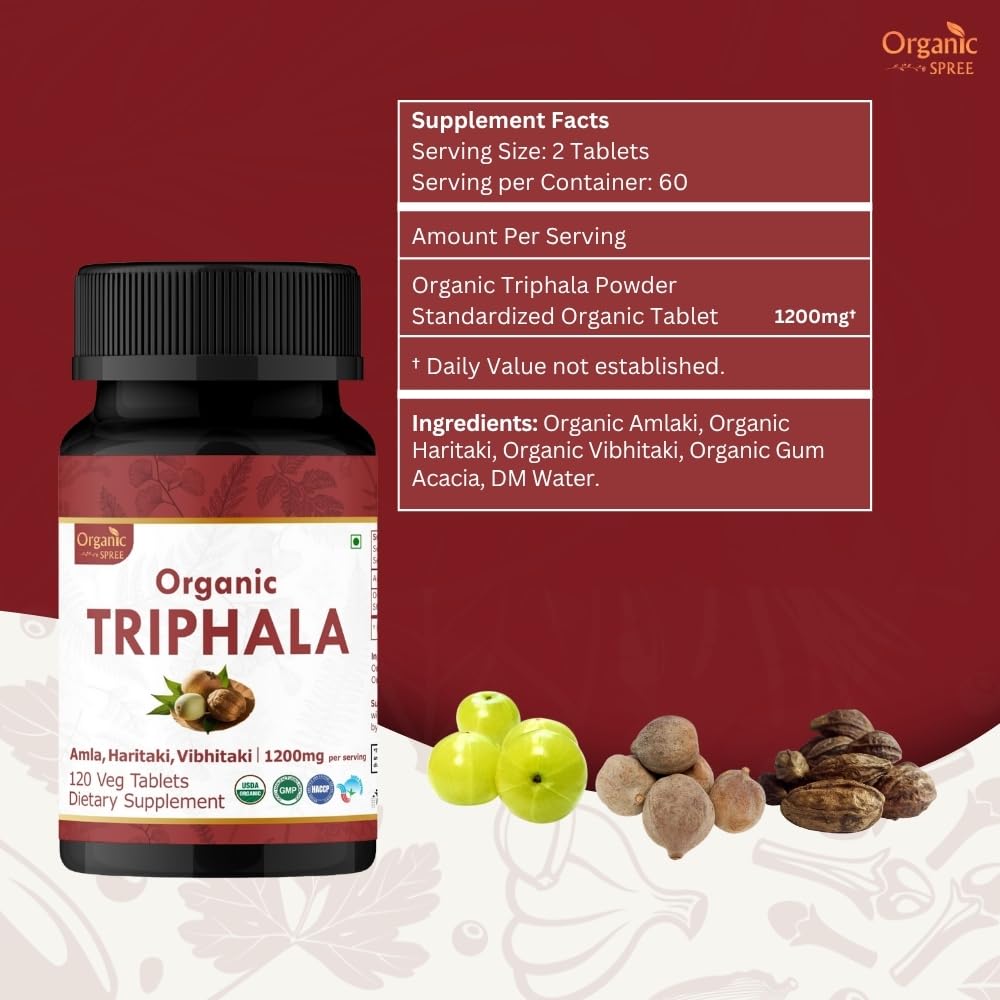 Side angle view of Organic Spree Triphala tablets container demonstrating premium imported health care product quality.