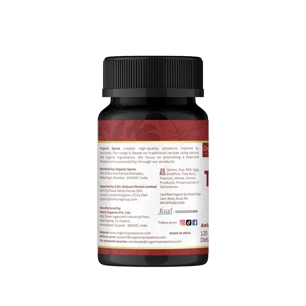 Close up shot of Organic Spree Triphala herbal supplement highlighting full supplement facts and 1200mg serving size details.