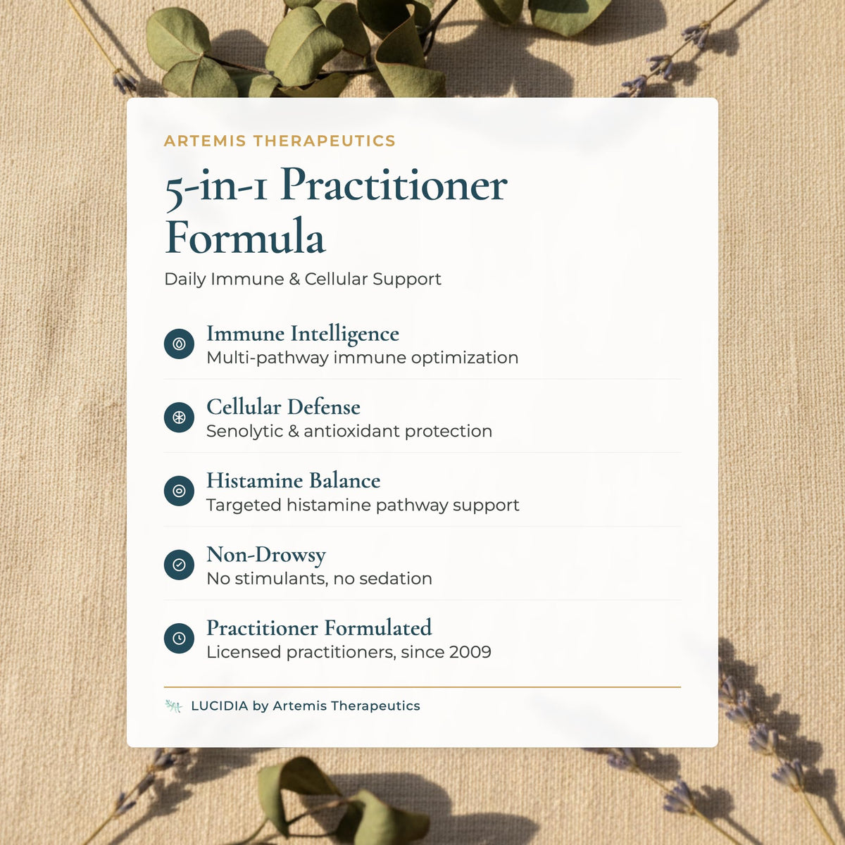 Close up of Lucidia 5 in 1 practitioner formula ingredients