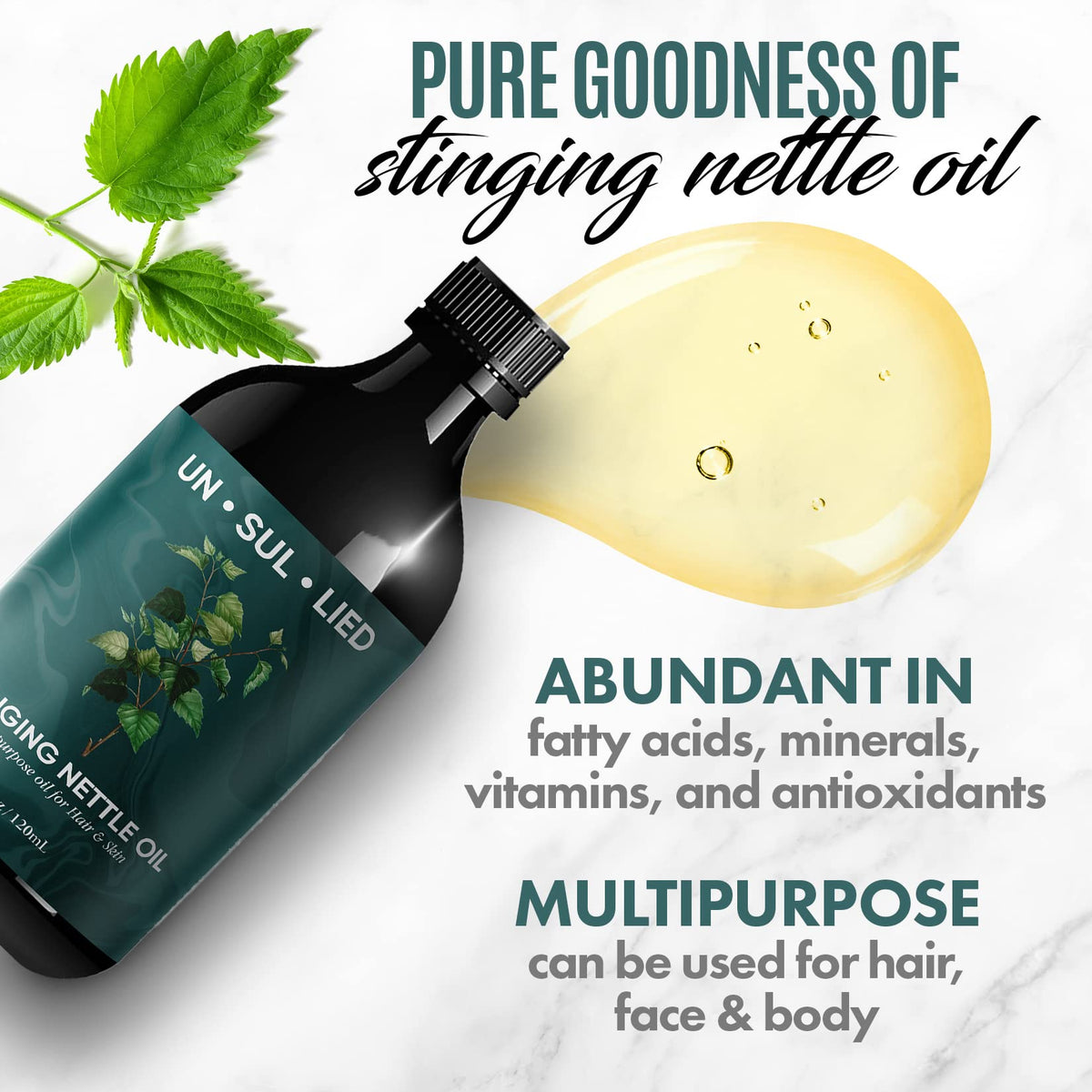 UN·SUL·LIED all natural stinging nettle topical beauty oil label detail showing ingredients