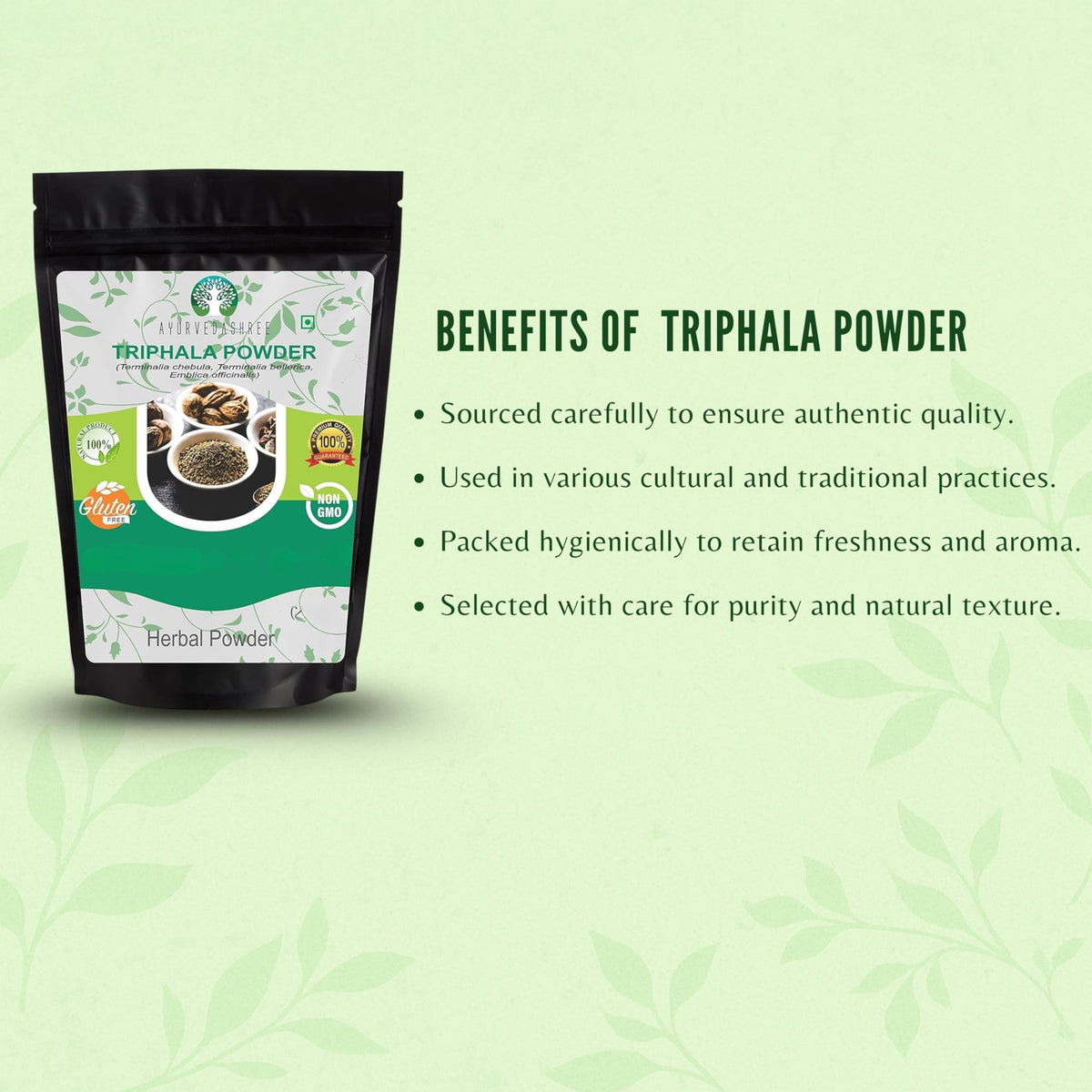 Three fruits formula of Amla Haritaki and Bibhitaki herbal mix packaging side view.