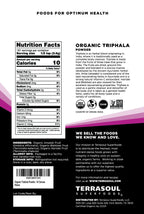 Terrasoul Superfoods Triphala herbal cleanser powder packaging highlighting USDA Organic and Non GMO badges.