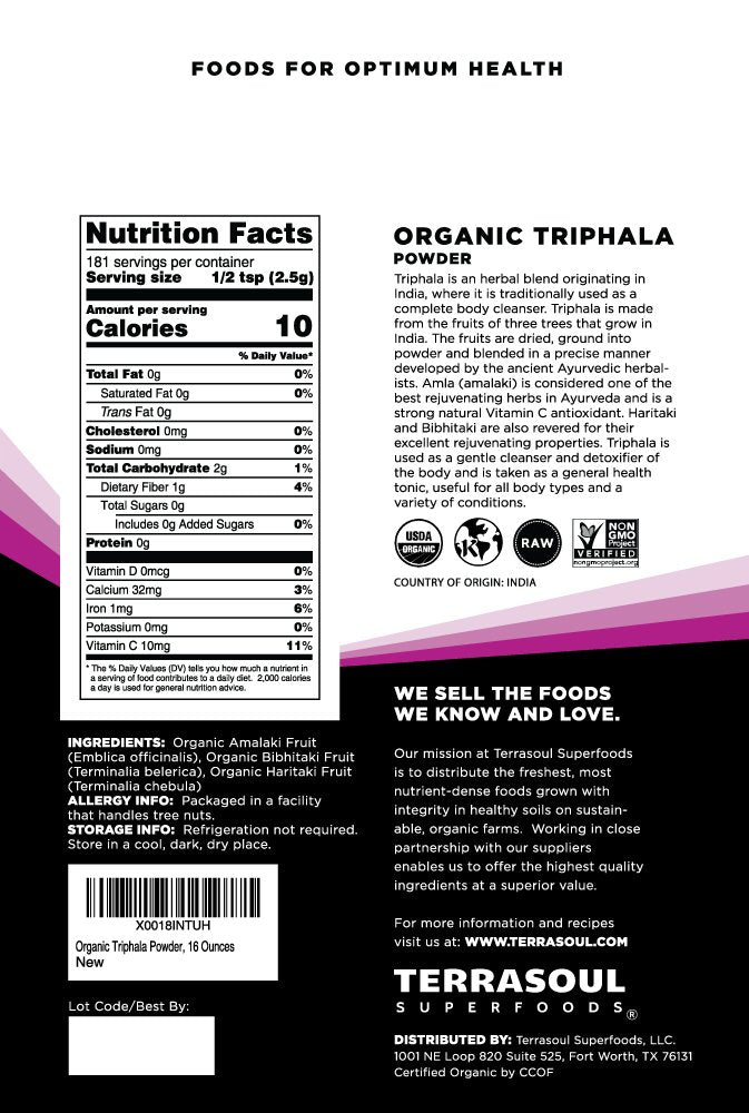 Terrasoul Superfoods Triphala herbal cleanser powder packaging highlighting USDA Organic and Non GMO badges.