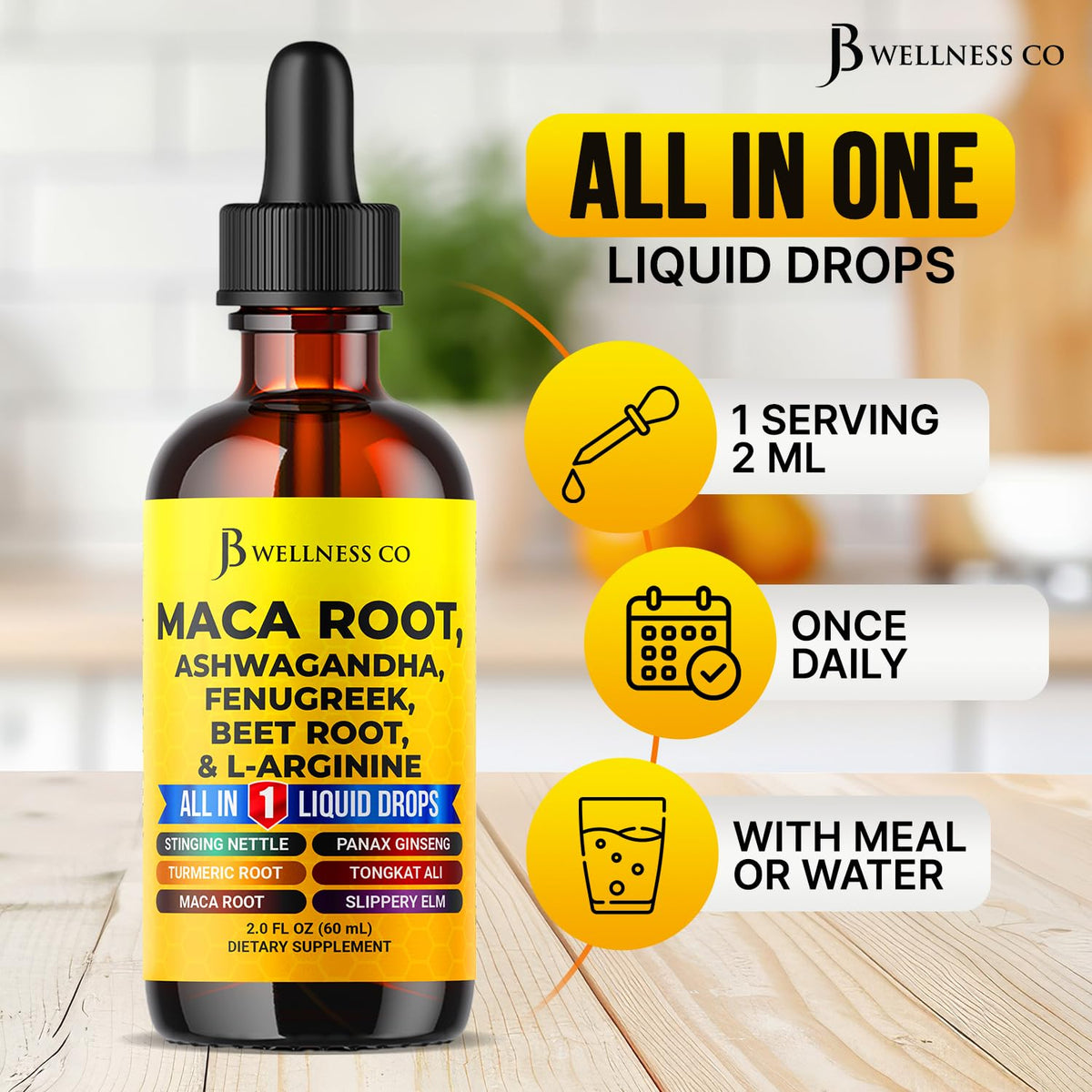 Back label view of JB Wellness Co Organic Maca Root liquid multivitamin displaying supplement facts, ingredients, and suggested usage instructions.