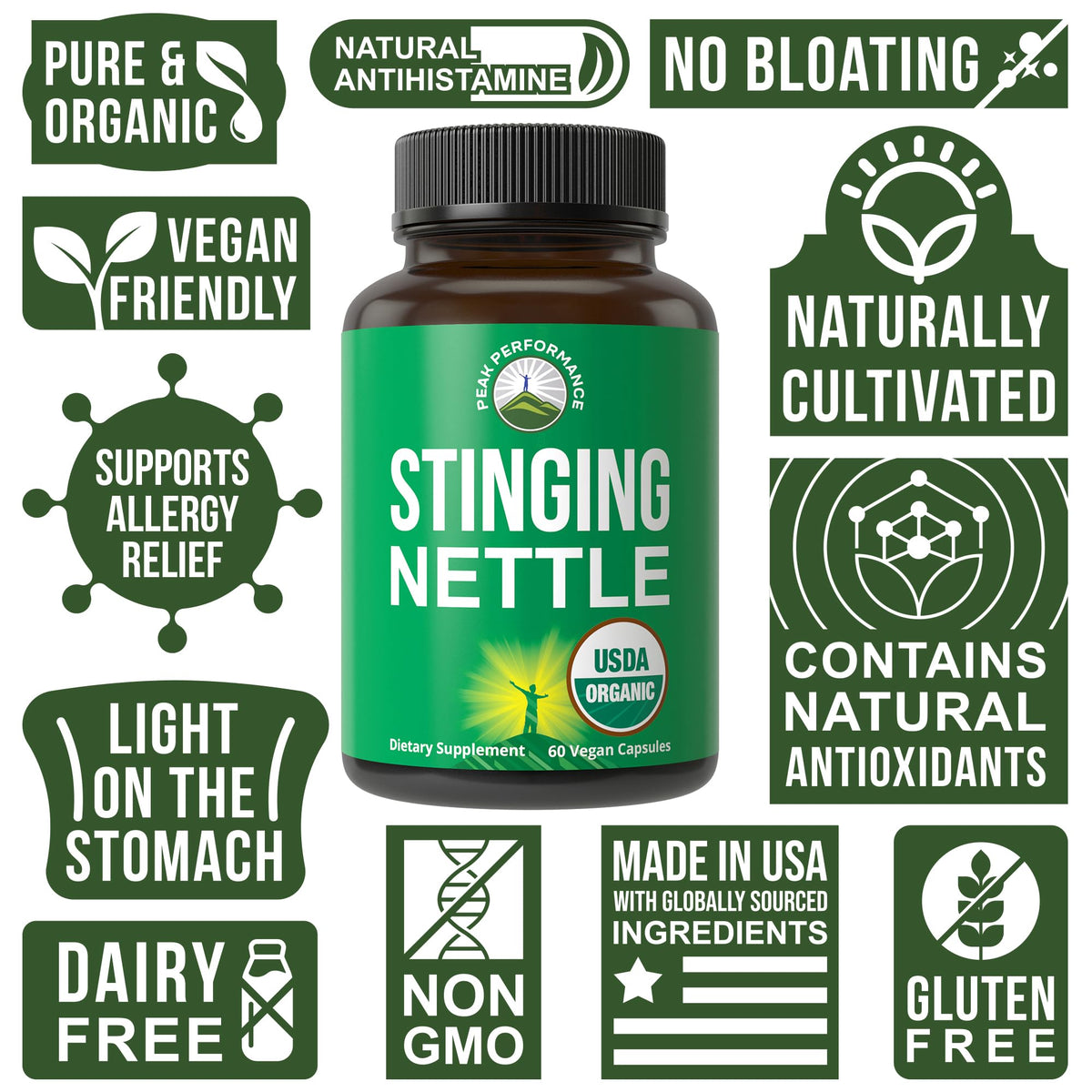 Peak Performance USDA Organic nettle leaf capsules showing certified vegan and non GMO seals