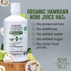 Back label of Healing Noni 100 percent pure Hawaiian juice showing organic and vegan certifications