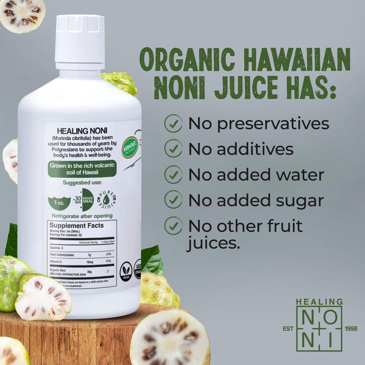 Back label of Healing Noni 100 percent pure Hawaiian juice showing organic and vegan certifications