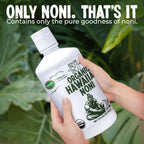Close up of Healing Noni dietary supplement highlighting zero added sugars or preservatives