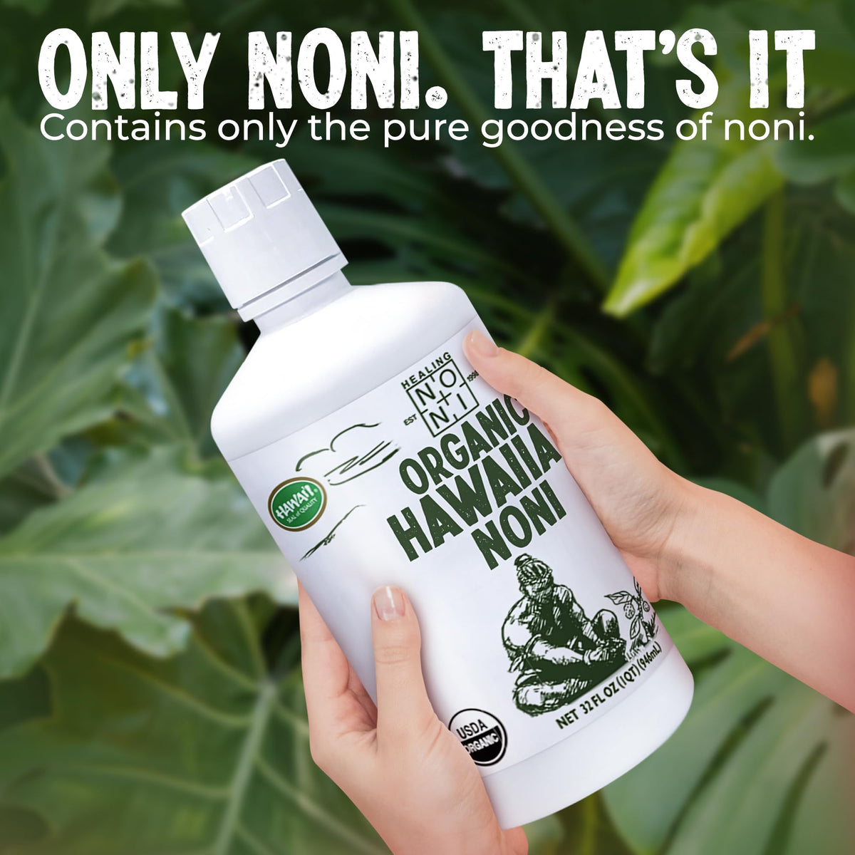 Close up of Healing Noni dietary supplement highlighting zero added sugars or preservatives